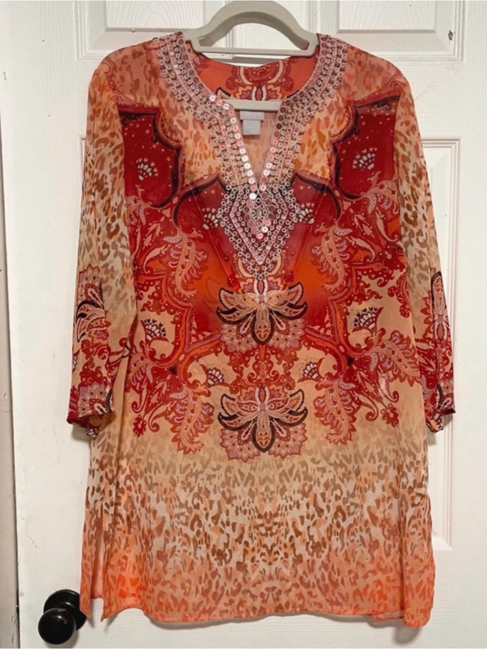 Chico's Orange-Red Embellished Paisley Tunic Dress